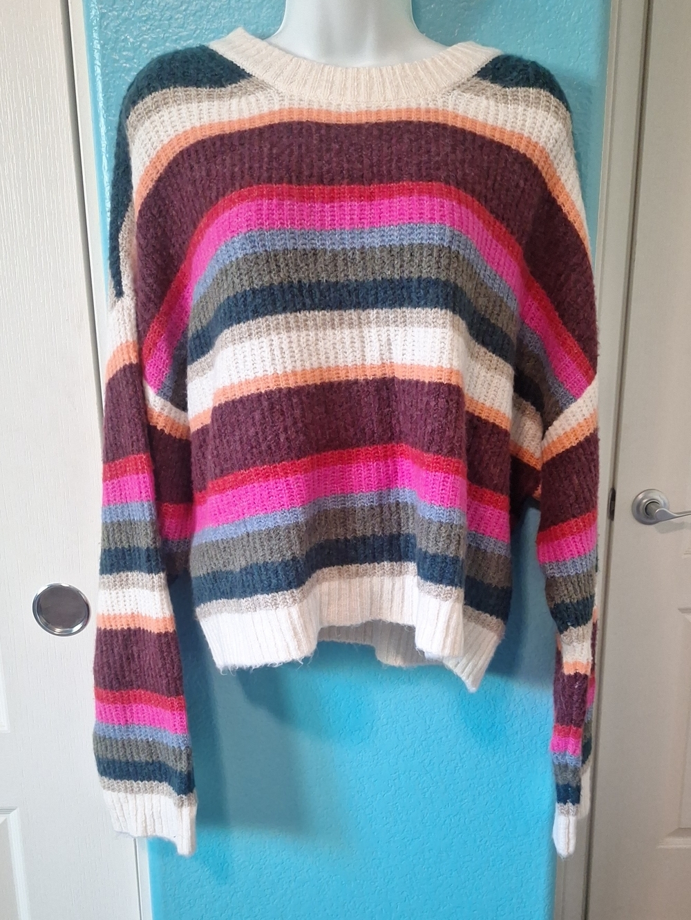 American Eagle Women's Multicolor Striped Knit Sweater - Cream, Pink & Brown XL